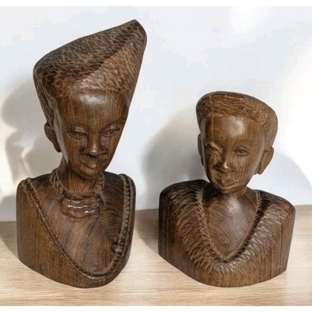 Wooden Handcarved African Statues Head Bust Tribal Man & Woman Pair Folk Art Set